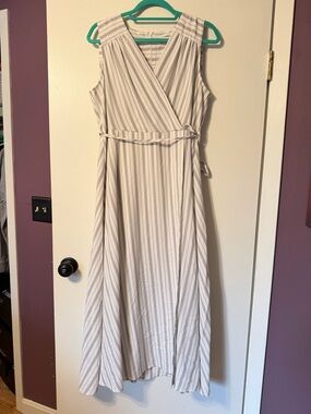 Calvin Klein Beige and White Striped Wrap Maxi Dress